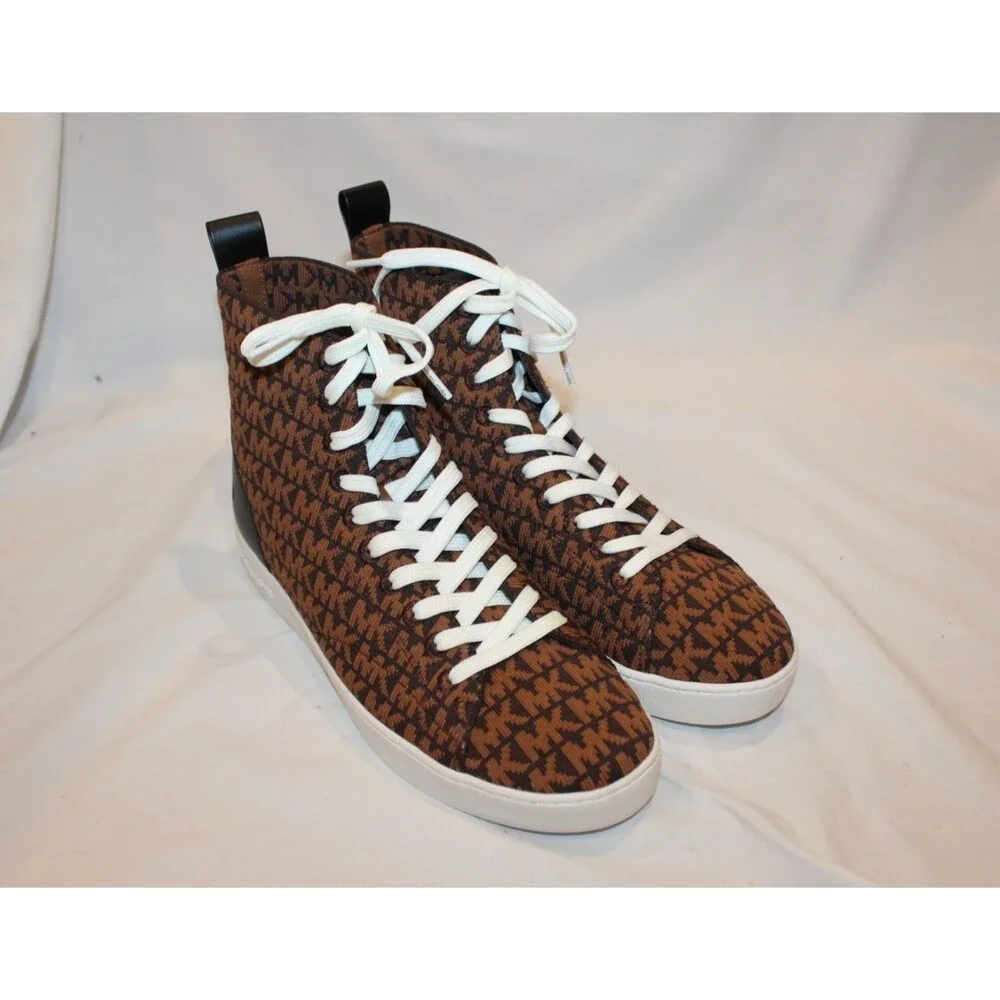 Michael Kors Edie Knit High Top Women's Sneakers Brown MK Monogram Logo sz 9.5